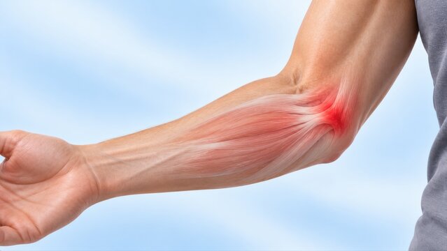 Golfers elbow shown in premium minimal medical CGI with localized inner elbow pain and subtle tendon emphasis into forearm on clean soft pale blue medical background.