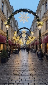 Festive european street decorated for christmas