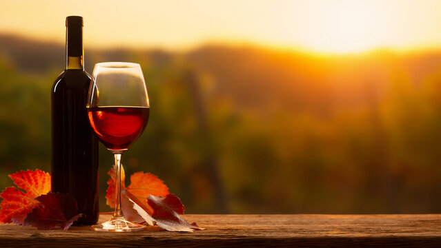 Red wine glass and bottle with autumn vine leaves on oak with blurred vineyard sunset background banner.