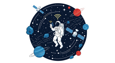Fototapeta premium Astronaut in a spacesuit floating in space and holding a phone with wi-fi connection, cartoon vector illustration.