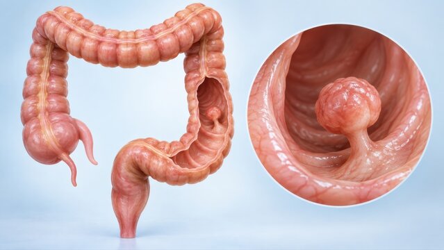Colon polyp shown as colon overview with enlarged mucosal growth detail in premium clinical CGI, isolated on clean pale blue background clear digestive patient education