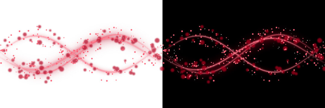 Dynamic red neon light wave with glowing particles in a double helix pattern for digital and creative visual motion isolated on a transparent background