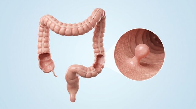 Colon polyp shown as colon overview with enlarged mucosal growth detail in premium clinical CGI, isolated clean pale blue background clear digestive patient education.