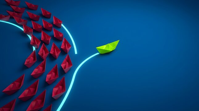 Green paper boat breaking away from group of red vessels icons.