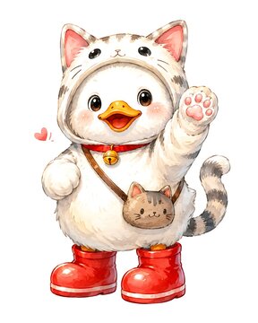 Cute duckling wearing a fluffy cat hoodie costume and red boots waving hello