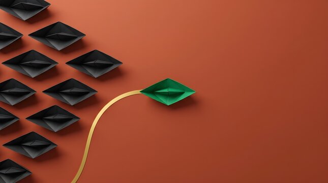 Single green paper boat departing from row of black vessels art.