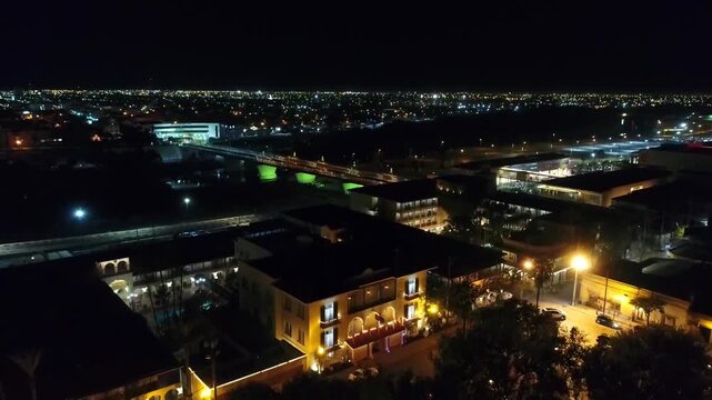Laredo at Night Texas Drone View of Downtown Amazing Landscape and Illuminated Buildings Creating a Dynamic Metropolitan Panorama with Bright City Lights and Urban Streets