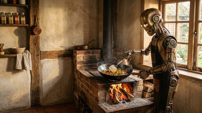 A detailed steampunk robot is cooking vegetables in a wok on a wood burning stove