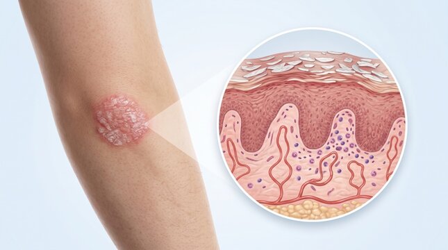 Psoriasis shown as skin overview with enlarged plaque and epidermal thickening detail in premium clinical CGI, isolated on clean pale blue background for patient education.
