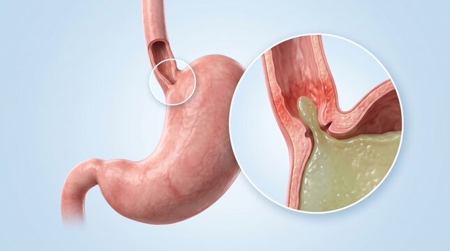 gastroesophageal reflux disease shown as stomach and esophagus overview with enlarged reflux junction detail in premium clinical CGI, isolated on clean pale blue background for clear patient education