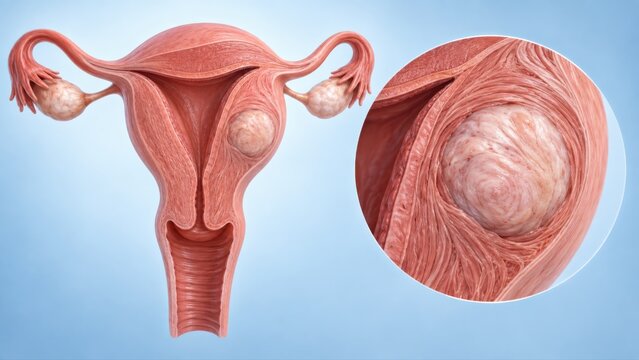 Uterine fibroid shown as uterus overview with enlarged smooth muscle nodule detail in premium clinical CGI, isolated on clean pale blue background for womens health education.