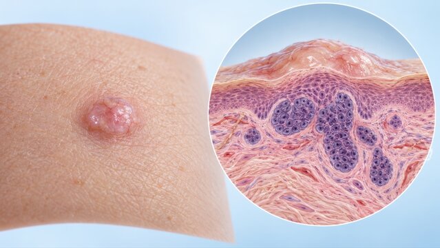 Basal cell carcinoma shown as skin overview with enlarged malignant basal layer lesion detail in premium clinical CGI on clean pale blue background for dermatology education.