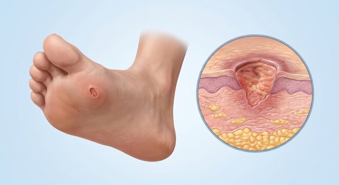Diabetic foot ulcer shown as foot overview with enlarged ulcer and tissue damage detail in premium clinical CGI on clean pale blue background for wound care patient education.