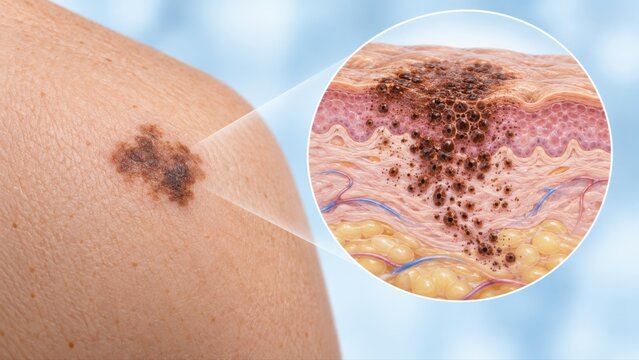 Melanoma shown as skin overview with enlarged malignant pigment lesion detail in premium clinical CGI, isolated on clean pale blue background for dermatology patient education.