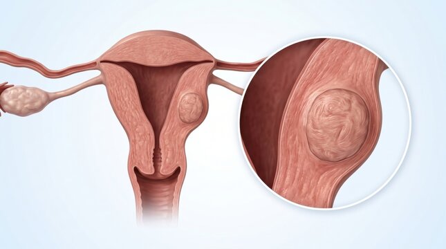 Uterine fibroid shown as uterus overview with enlarged smooth muscle nodule detail in premium clinical CGI, isolated on clean pale blue background for womens health education.