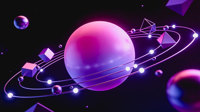 Stylized Celestial Scene with Geometric Orbit Elements and Neon Accents