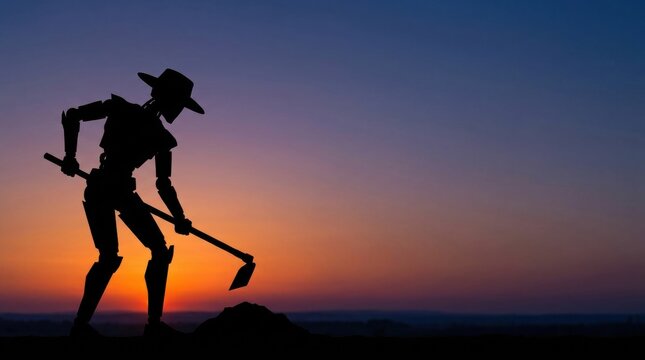 Silhouette of a robot wearing a hat digging soil with a hoe at sunset artificial intelligence