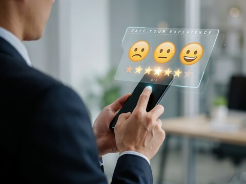 Businessman interacting with a holographic interface to provide a five star rating