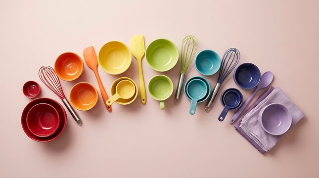 Colorful rainbow collection of kitchen cooking tools bowls and whisks arranged in a curved arch shape. rainbow kitchen essentials