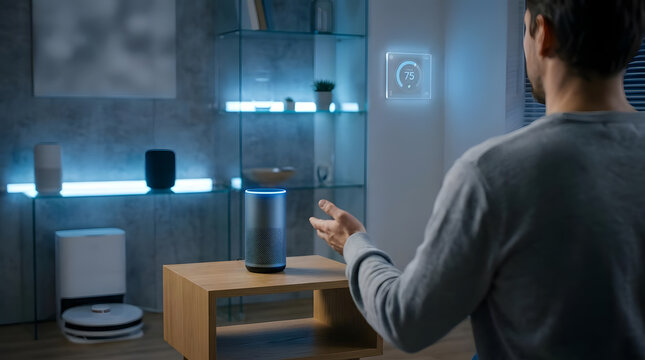 Man using voice commands to control smart home lighting.