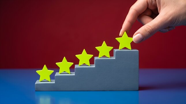 Hand placing a bright star on top of five level grey stairs.