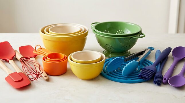 Colorful kitchen cooking utensils set including mixing bowls measuring cups whisk and spatula tools. rainbow kitchen essentials