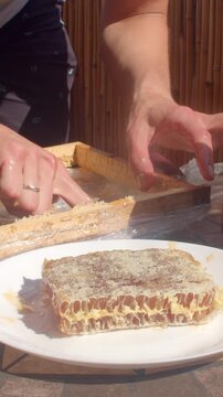 hand reaches into wooden hive and touches viscous honey while one rectangular honeycomb slice rests on white plate, warm sunlight on patio highlights amber color