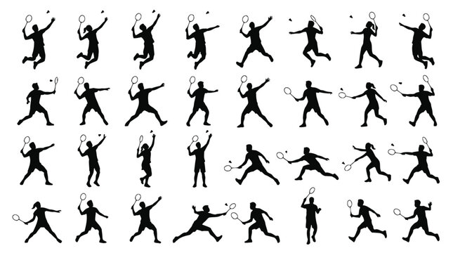 Badminton Player Silhouette Vector Set - Action Poses with Racket and Shuttlecock Collection