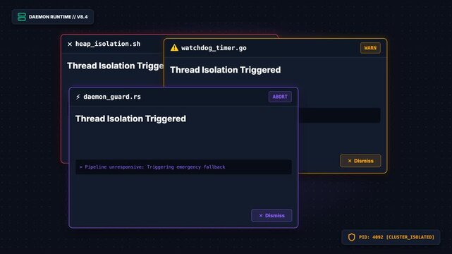 Animated sequence showing a system runtime exception error followed by thread isolation and successful system restoration.