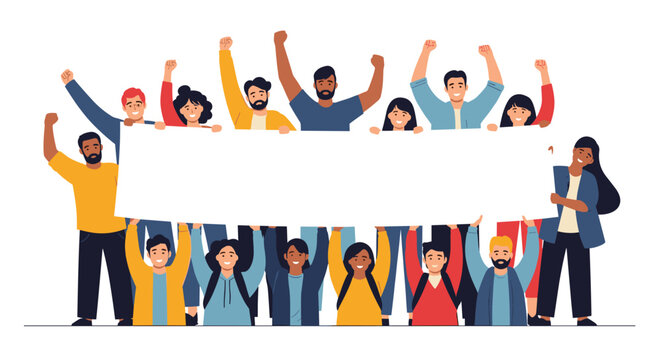Large group of diverse enthusiastic people holding up a long blank white banner during a peaceful protest or parade.