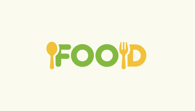 Modern green and yellow food logo incorporates a spoon and a fork into the typography for a clear and appetizing restaurant brand.