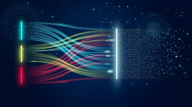 Neural network data streams processing with glowing binary code and digital information flow background