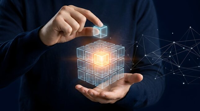 Man assembling glowing 3D digital cubes representing data structure, blockchain and business logic