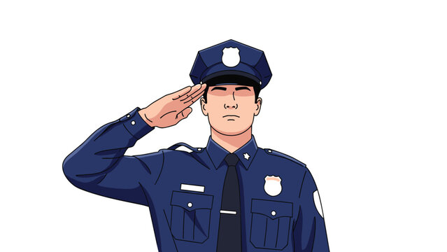 Serious police officer in a dark blue uniform and cap stands tall and performs a formal salute against a white background.