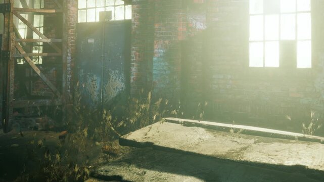 Beams of sunlight illuminate the interior of a neglected warehouse, casting shadows on weathered concrete steps. Weeds thrive in the forgotten corners of this urban space.