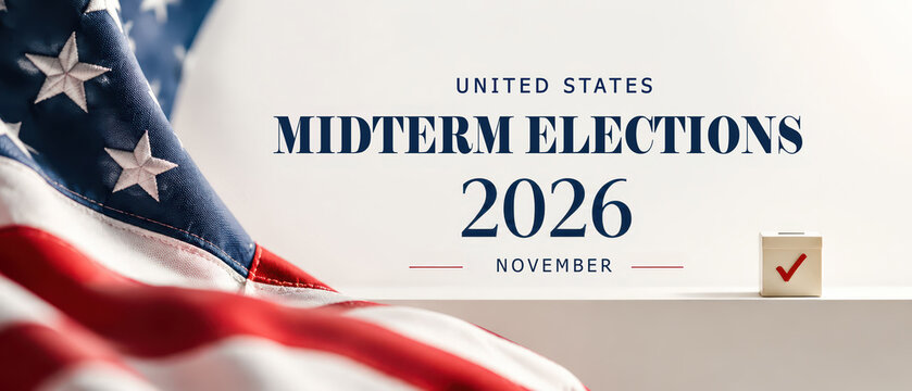 Illuminated banner showcasing the american flag alongside a ballot box for the upcoming midterm elections in november 2026