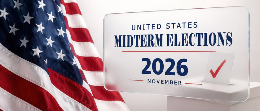 Bright banner showcasing the theme of the 2026 midterm elections featuring the american flag and voting symbols