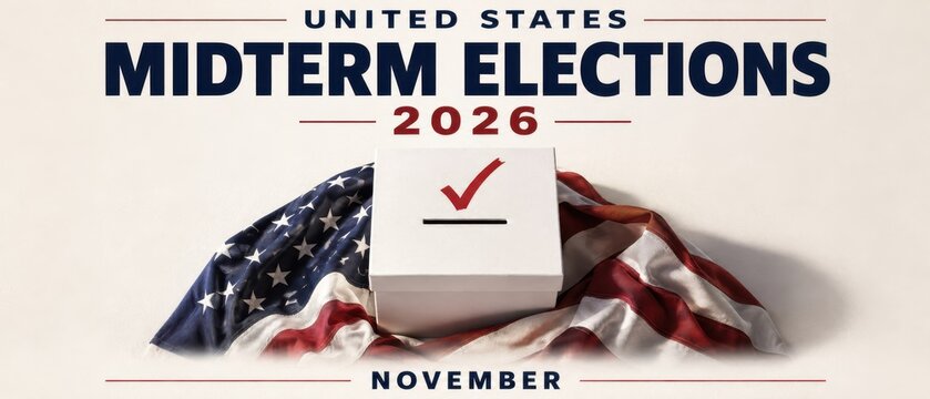 Midterm elections 2026 voting banner with american flag symbolizing democracy and civic participation