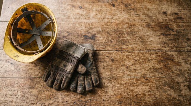 Old construction helmet and gloves on a rustic wooden surface