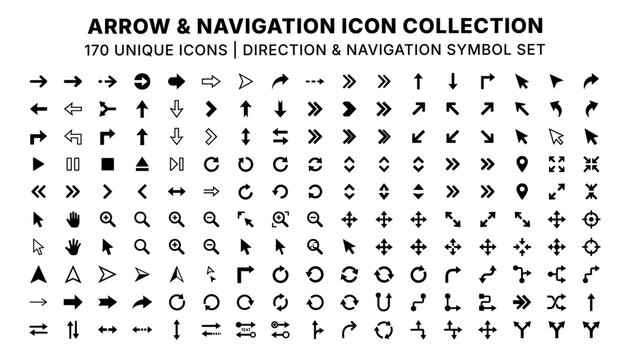 Arrow and navigation icon collection, 170 unique direction and navigation symbol set for web and mobile ui design