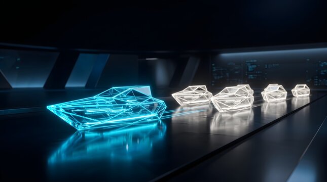 Futuristic glowing wireframe speedboats racing on dark track.