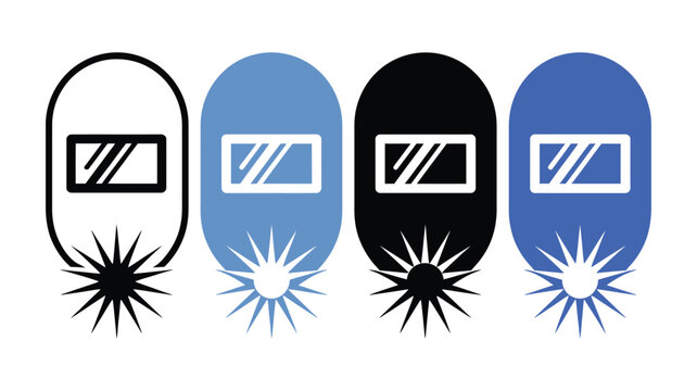 Welding helmet with sparks icons representing industrial safety, metalworking, fabrication, protective equipment, welding operations, construction, and workshop projects