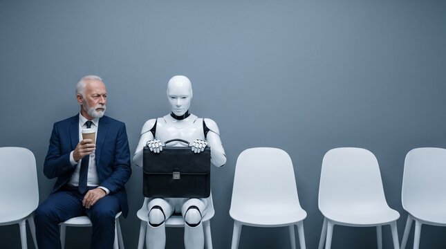 Senior businessman holding a coffee cup looking nervously at a sleek humanoid robot holding a leather briefcase.