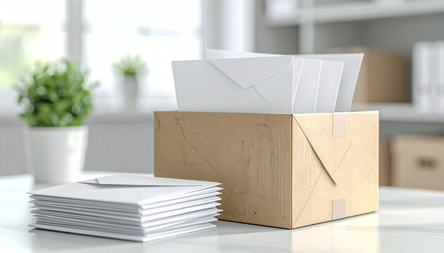 A neat stack of white envelopes sits beside a cardboard box filled with letters on a bright, modern office desk, evoking organized business communication and efficiency. Nobody.