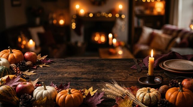 Festive thanksgiving dinner table setting with autumn decorations, pumpkins, and glowing candles.