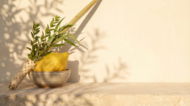 Minimalist Sukkot Holiday Background Featuring Etrog Citron Fruit and Lulav Palm Branch Resting in Rustic Ceramic Bowl on Beige Stone Surface with Soft Natural Sun Shadows Highlighting Jewish