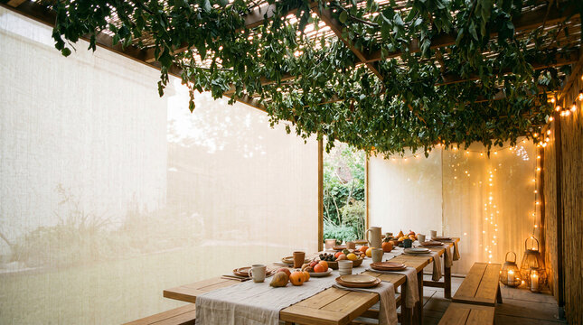 Festive Sukkot Outdoor Dining Sukkah Decoration Rustic Wooden Table Setting Garden Feast Celebration Ritual Traditional Holiday Atmosphere Warm Lighting Green Leafy Pergola Canopy Fruits Harvest