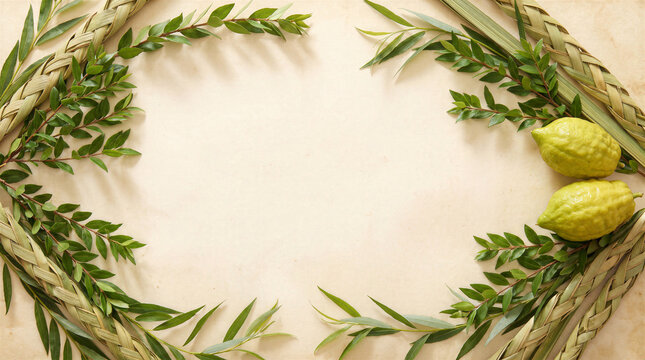 Sukkot Holiday Background, Traditional Four Species Lulav Etrog Hadas Arava Palm Branch Citrus Fruit Arrangement On Vintage Textured Paper Surface Festive Jewish Festival Concept Banner, Tradition