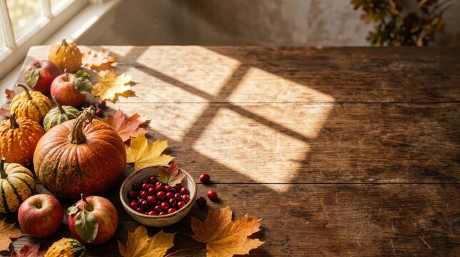 Sunlit autumn harvest flatlay with pumpkins and bowl of cranberries on old wood table.