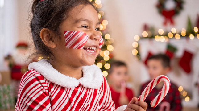 Christmas girl in striped dress with candy cane face paint holding candy cane, a sweet winter holiday photo for greeting cards and banners.